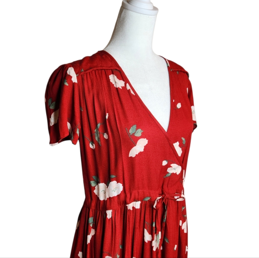 Christy Dawn Crimson Floral Dawn Dress V Neck Crossover Midi Size XS - Picture 4 of 10